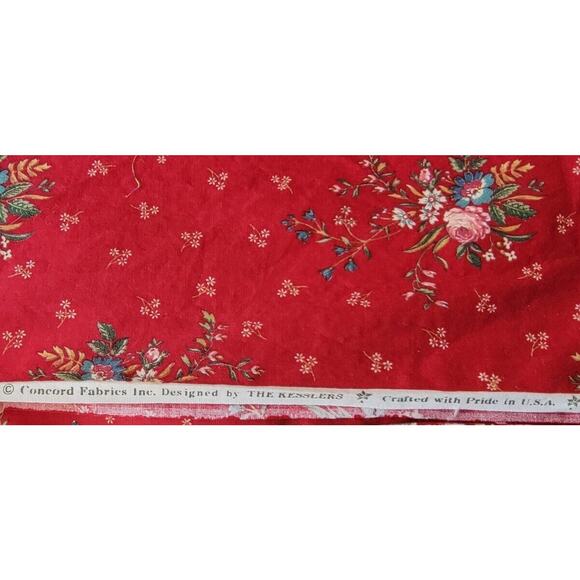 Concord Fabric Inc. Red Floral Cotton Fabric Quilting Sewing 3 Yards 7 Inches - Picture 4 of 5